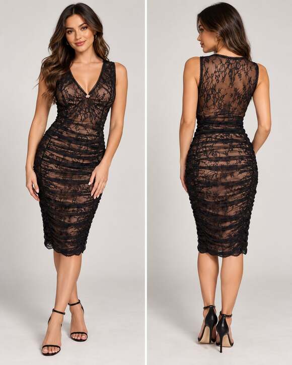 Monteau Los Angeles Dresses & Skirts - Monteau Los Angeles Black Lace Ruched Two-Piece Set Dress